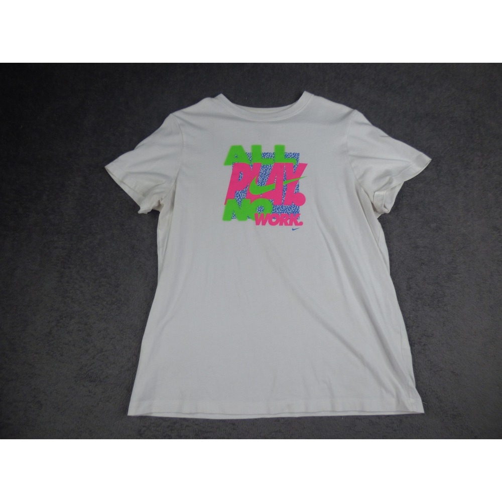 Nike All Play No Work Graphic Tee White Neon Green Pink XL Womens Short Sleeve